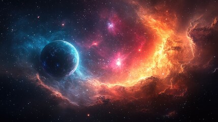 Obraz premium A vibrant cosmic scene featuring a planet amidst colorful nebulae and star formations.