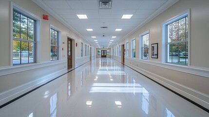 School hallway, bright, clean, windows, autumn trees, education