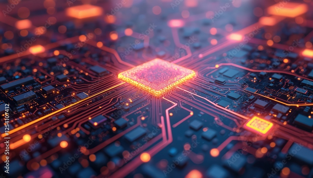 Leinwandbilder illustration of illuminated computer chip, circuit board. glowing red lines represent data transmiss