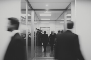Corporate Corridor Ambiguity: Motion blur and monochrome capture the fleeting moments within a modern office hallway.