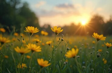 Fototapeta premium Abstract sunset field landscape of yellow flowers and grass meadow on warm golden hour time. Tranquil spring summer nature closeup and blurred forest background. Idyllic nature on sunset.