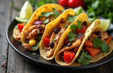 Top view of tasty tacos with grilled chicken, tomatoes, olives, red onion, cilantro, parsley, lime. Delicious homemade mexican snack on plate. Healthy balanced diet.