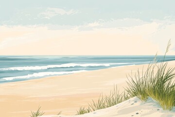 Calm ocean waves on sandy beach dune, sunrise, travel brochure