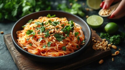A vibrant bowl of noodles topped with peanuts and herbs, garnished with lime.