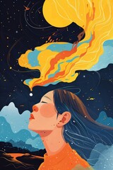 Asian woman with closed eyes and flowing hair under starry night sky. Spiritual meditation art for Chinese New Year, Mid Autumn Festival and Moon Festival with copy space