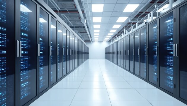 Modern server room features neatly organized racks cables under soft white lighting. Futuristic tech-savvy environment. infrastructure for computing, digital information processing, management. Data