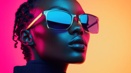 Fashion statement with reflective sunglasses in vibrant neon lighting