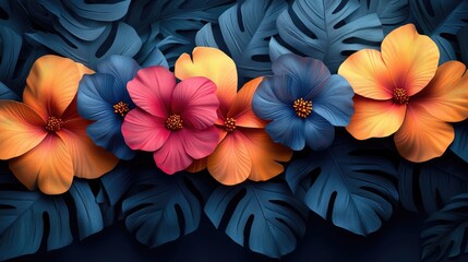 Obraz premium A vibrant arrangement of colorful hibiscus flowers against dark foliage.