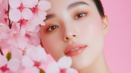 Elegant beauty with blossoms on pink background
