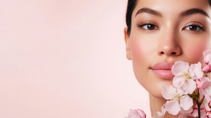 Naklejka premium Beauty and elegance: close up of a woman with cherry blossoms