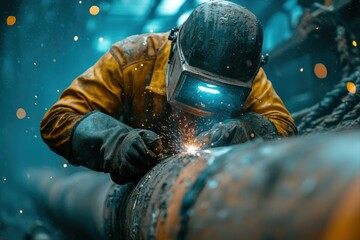 Welding worker performing precision repairs industrial workshop action photography dim environment close-up perspective