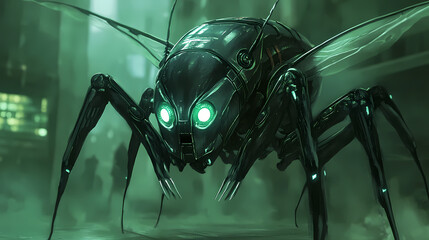 Fototapeta premium A futuristic, insectoid robot with glowing eyes and sharp blades. Insectoid Metropolises. Illustration
