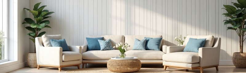 Naklejka premium Illustration of coastal design living room with sofa, armchairs, plants. Cozy home interior with white wall, wooden floor. Hampton style furniture and decor with blue pillows.