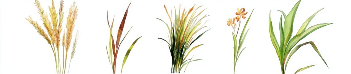 Obraz premium Watercolor floral design; wheat, grasses, flowers; white background; website d?cor