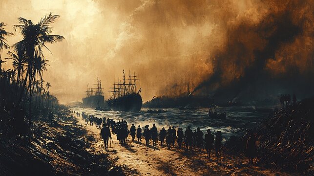 Stark imagery of European colonists taking land Africa natives watching as their homes are claimed muted and grim tones depicting the loss of sovereignty