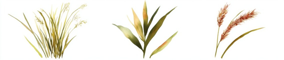 Watercolor grasses, botanical, white background, nature design, print