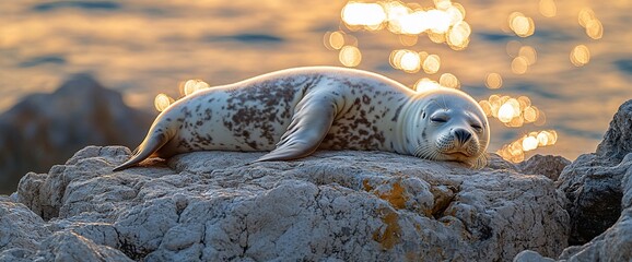 Seal pup resting on rocks at sunset, ocean background; wildlife