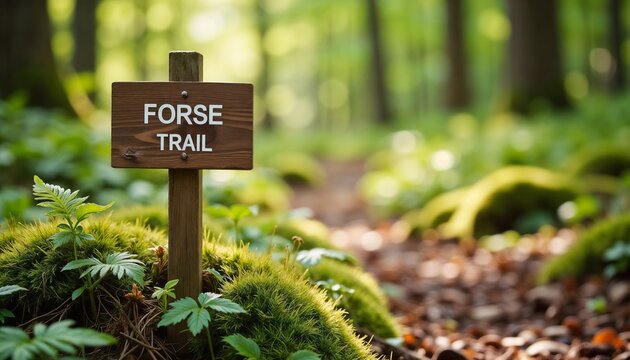 Wooden sign for Forse Trail amidst a lush green forest on a sunny day