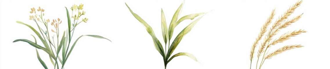 Fototapeta premium Watercolor painting of three grasses; wildflowers, blades, and wheat; white background; design element