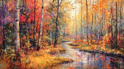 Obraz premium A painting of a forest with a stream running through it