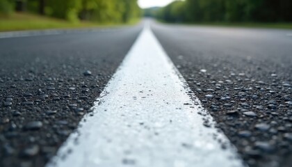 Detailed asphalt road with white thermoplastic marking. Fresh paint, safety line on highway. Newly applied street surface with a clean, smooth texture for infrastructure projects.