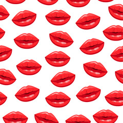 Seamless pattern with plump and sensual female lips in cartoon style. Vector illustration of sexy, seductive red female lips, mouth isolated on white background. Smiles. Packaging, wrapping paper.