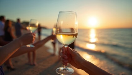 Obraz premium Hand holding wine glass at sunset, celebration. People enjoy golden hour by seaside. Toast with glasses, relax at twilight. Summer vacation, serenity, happy evening mood on picturesque ocean beach.