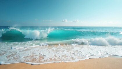 Ocean waves rolling onto sandy beach under bright sky. Refreshing coastal scene gives energy, calm, summer mood. Perfect background for vacation and tropical themes.