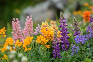 Fototapeta premium Colorful Lupines and wildflowers bloom together in a vibrant garden