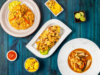 Comira peruana, de mar, arroz con mariscos, chicharrón, parihuela