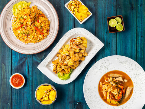 Comira peruana, de mar, arroz con mariscos, chicharr&oacute;n, parihuela