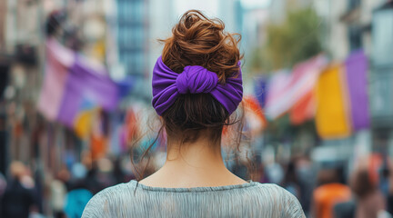 Fototapeta premium Photo of a woman from behind, with a purple headband on her head, International Women's Day. March 8, street background, background flags. feminine power. positive energy
