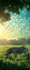 Soft greenery blending into a glowing summer sky with a zebra grazing in a lush field, kissed by gentle sunlight.