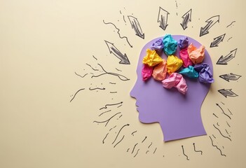 Stress, psychology, brain, mess and overload. Anxiety, crumpled paper inside mind and confusion in head. Mental state, thinks, thoughts, worry, fatigue, chaos, many ideas.