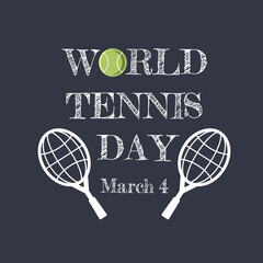 World Tennis Day background. Two tennis rackets with a tennis ball on dark blue background. March 4	