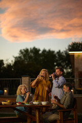 Group of friends enjoying wine and conversation at sunset dinner party in backyard