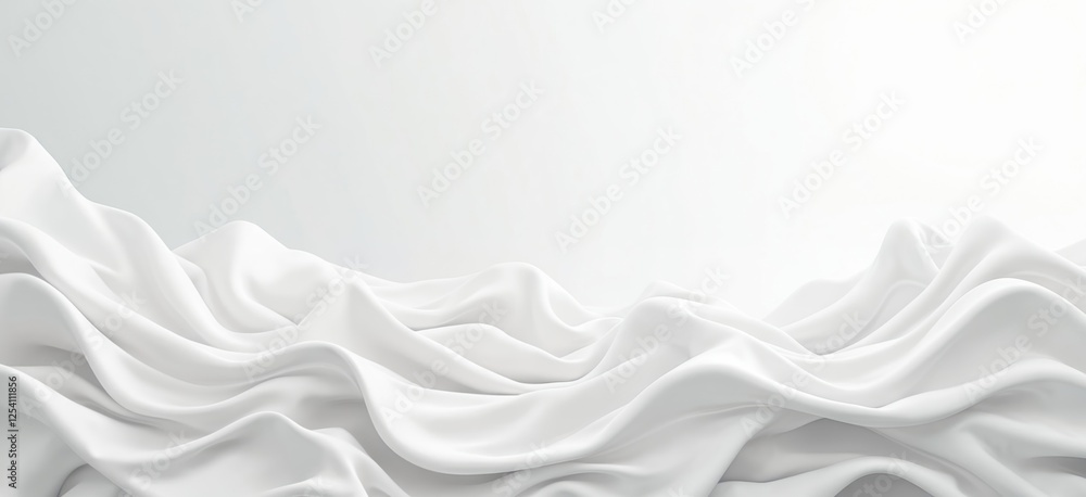 Poster Illustration of abstract wavy white fabric background. Smooth silk cloth texture with soft drapery folds. Modern elegant style with copy space for banner or presentation.