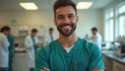 Fototapeta premium Illustration of man in scrubs, lab background. Smiling doctor looks at camera. Male, adult, indoor, portrait, person, occupation, pro, cheerful, real people, young, surgical uniform.