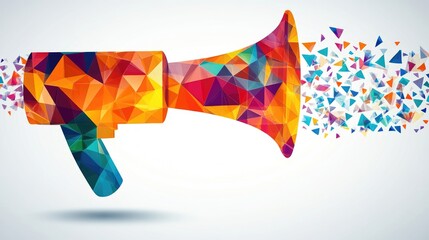 A colorful megaphone with fragmented shapes, symbolizing communication and expression.