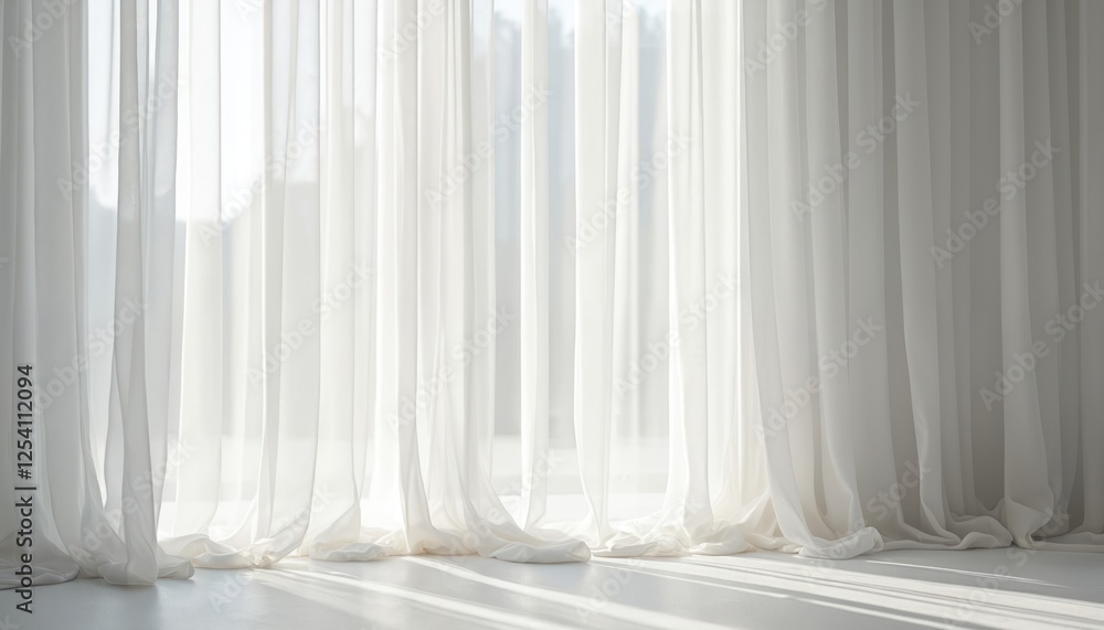 Poster white sheer curtain on bright white background. light transparent material in vertical drapes. soft 