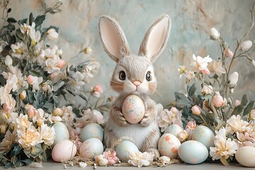 Joyful Easter Bunny with painted eggs, flowers, and spring background