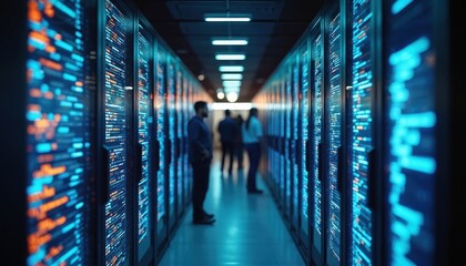 Machine learning algorithms optimize processes in modern data center during evening hours. People work with AI on servers. Concept of computing, information technologies, digital transformation.