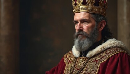 Majestic portrait illustration of a bearded King in crown and mantle. Regal, powerful middle-aged monarch figure, with a severe look, wearing gold jewellery, symbol of authority.