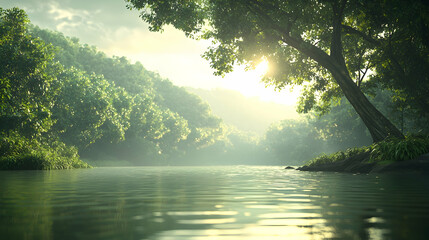 Fototapeta premium Serene sunrise over lush river in tropical forest, ideal for nature documentaries