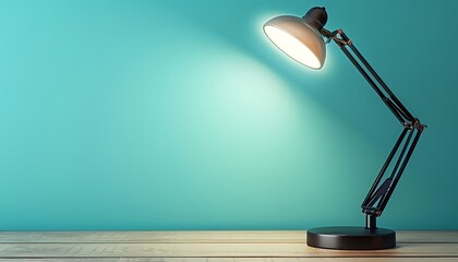 Modern desk lamp shining on a wooden tabletop with a light blue background, capturing the simplicity and elegance of soft color tones in high resolution.