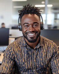 Obraz premium Black Man Working in Call Center Providing Customer Support and Technical Assistance