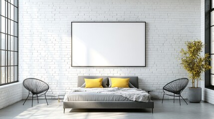 Loft bedroom mockup, blank canvas, white brick wall, sunlight, chairs