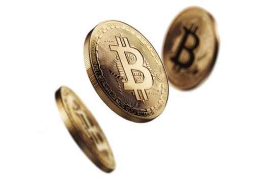 Floating gold coins representing cryptocurrency against a white background showcasing bitcoin's digital currency concept and value in modern finance