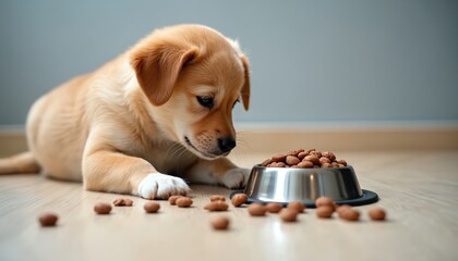 Puppy lies on floor, paws outstretched, staring at kibble-filled bowl. Dog waits patiently, showing appetence, hope, obedience, instinct, joyful emotion, warm bond, and delight.