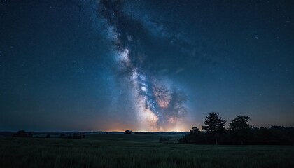 Vast star filled night sky. The Milky Way stretches over field with trees silhouetted against the horizon. Ethereal glow illuminates landscape. Dark starry astronomy, galactic beauty.